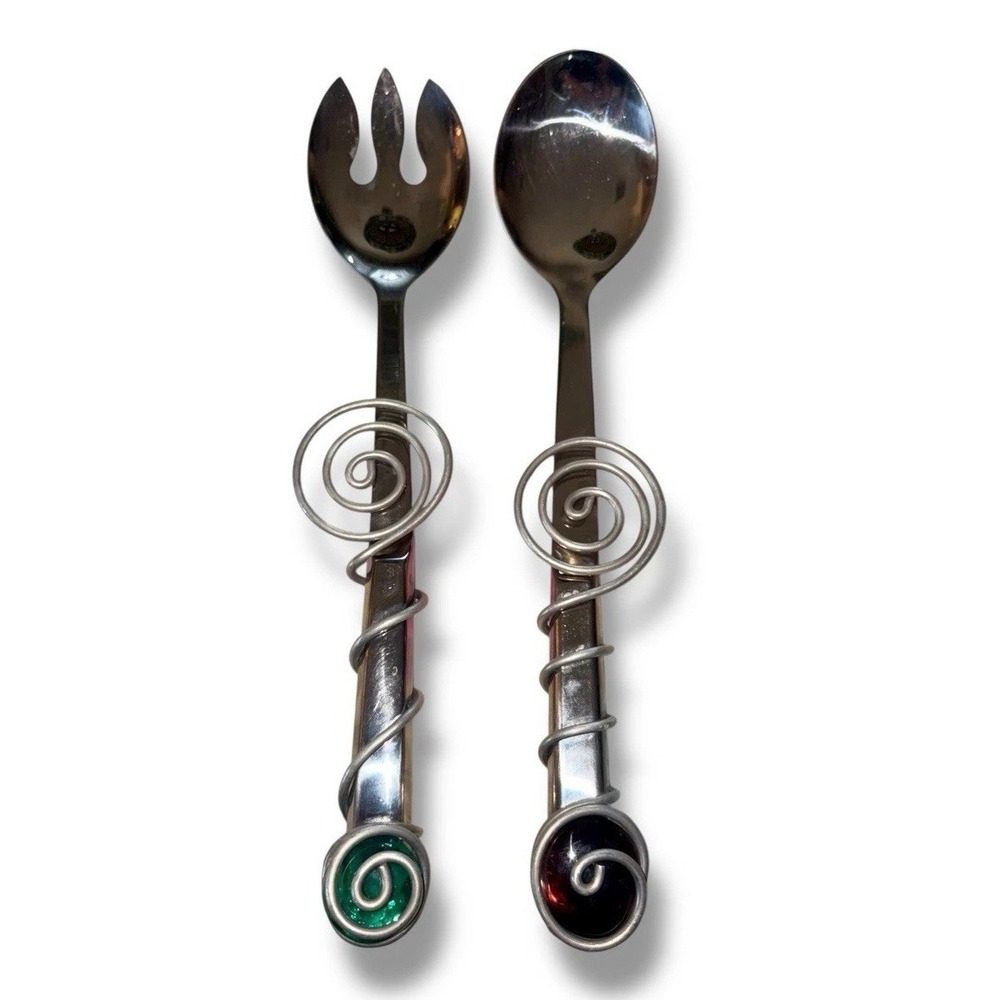 Vintage Dary Rees Large Salad Fork & Spoon w/ Spirals & Jewels 12" Stainless